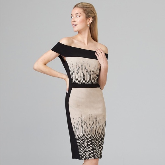 NWT JOSEPH RIBKOFF OFF-THE-SHOULDER BLACK AND TAN DRESS WOMENS 10 - Picture 3 of 11